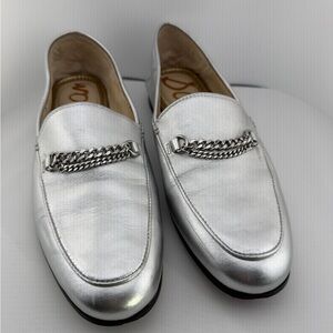 SAM EDELMAN Lorenzo Loafer Silver Leather Women Size 9 Bit Chain Flat Dress Shoe